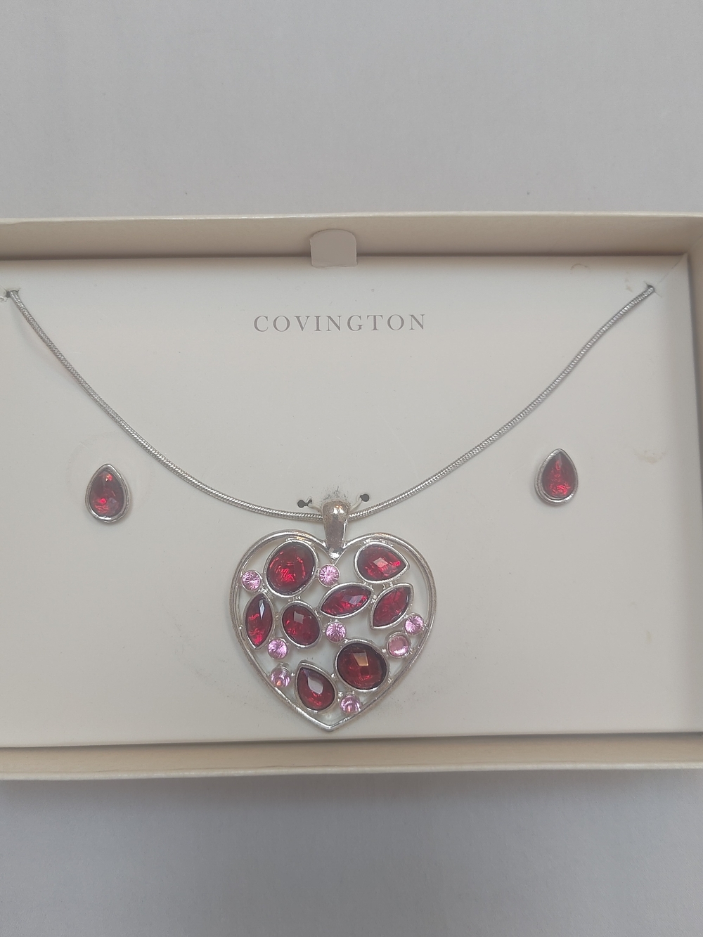 Covington Silver-Tone Heart Necklace and Earring Set with Red and Pink Stones
